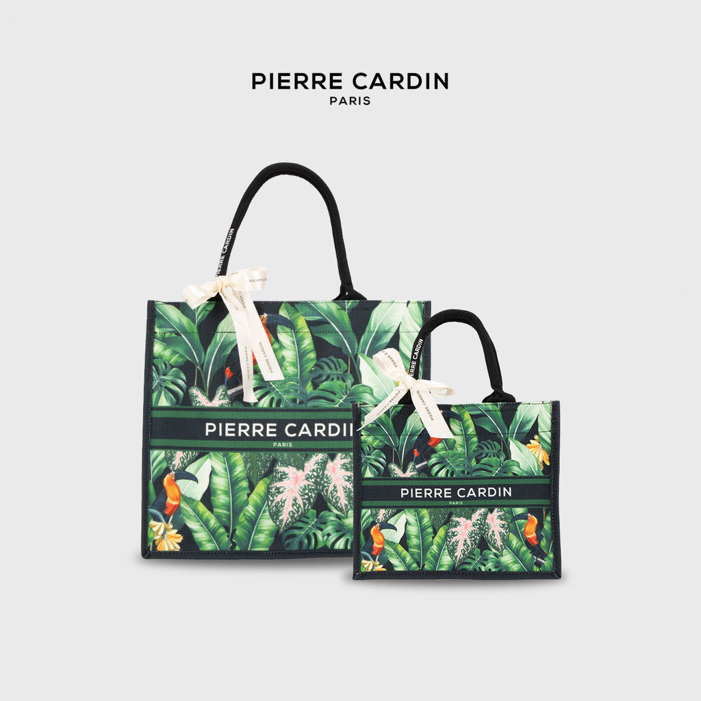 Pierre Cardin Exotic Leafy Black Canvas Tote Bag with Logo Ribbon