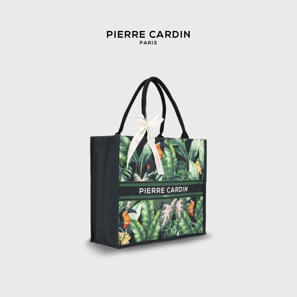 Pierre Cardin Exotic Leafy Black Canvas Tote Bag with Logo Ribbon