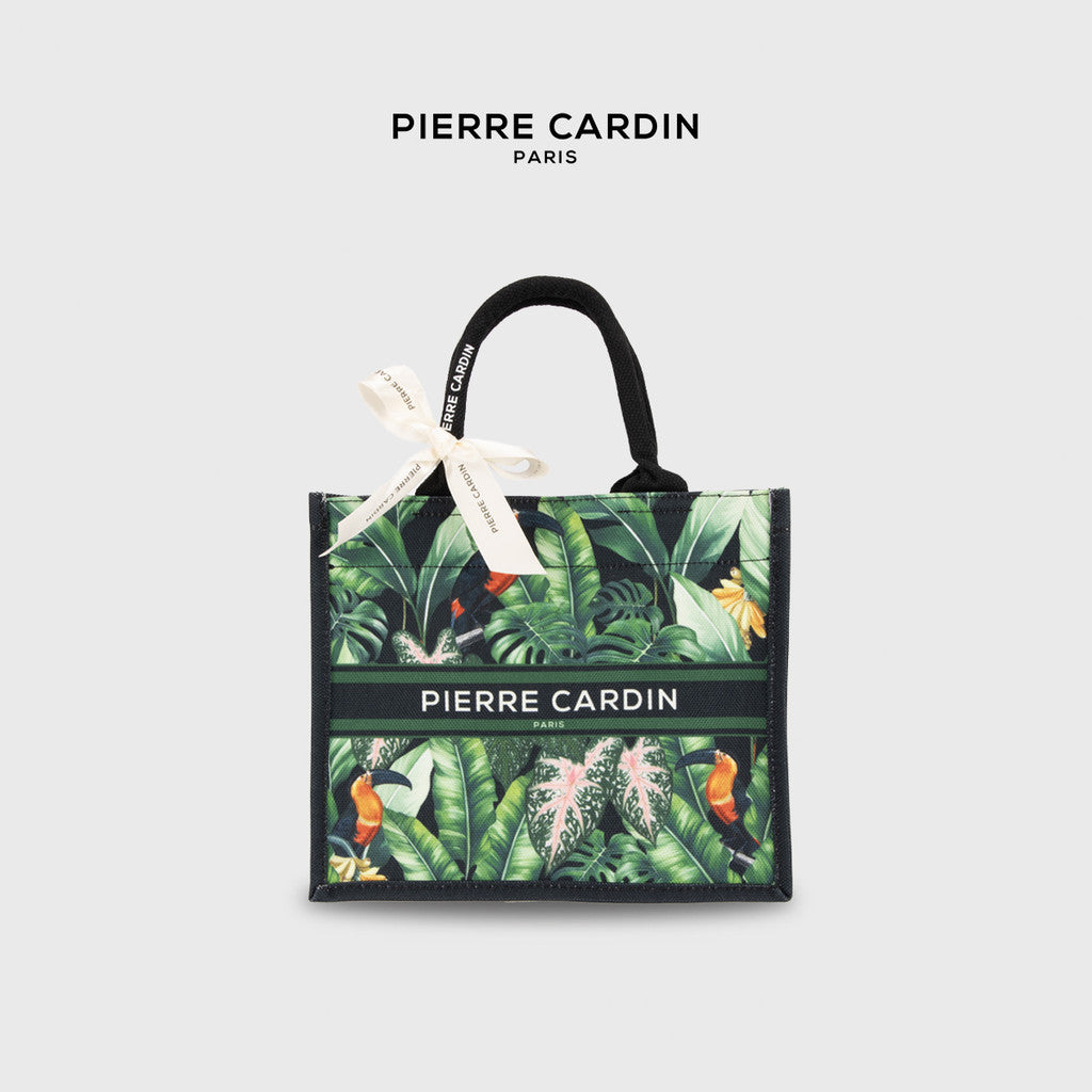 Pierre Cardin Exotic Leafy Black Canvas Tote Bag with Logo Ribbon