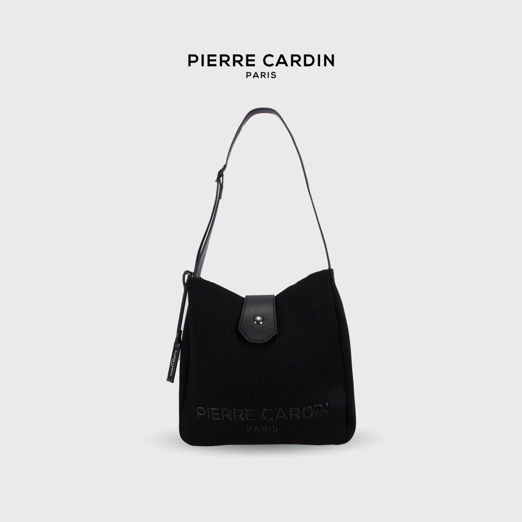Pierre Cardin Ladies Pleated Fabric Bucket Bag with Magnetic Flap Snap Closure