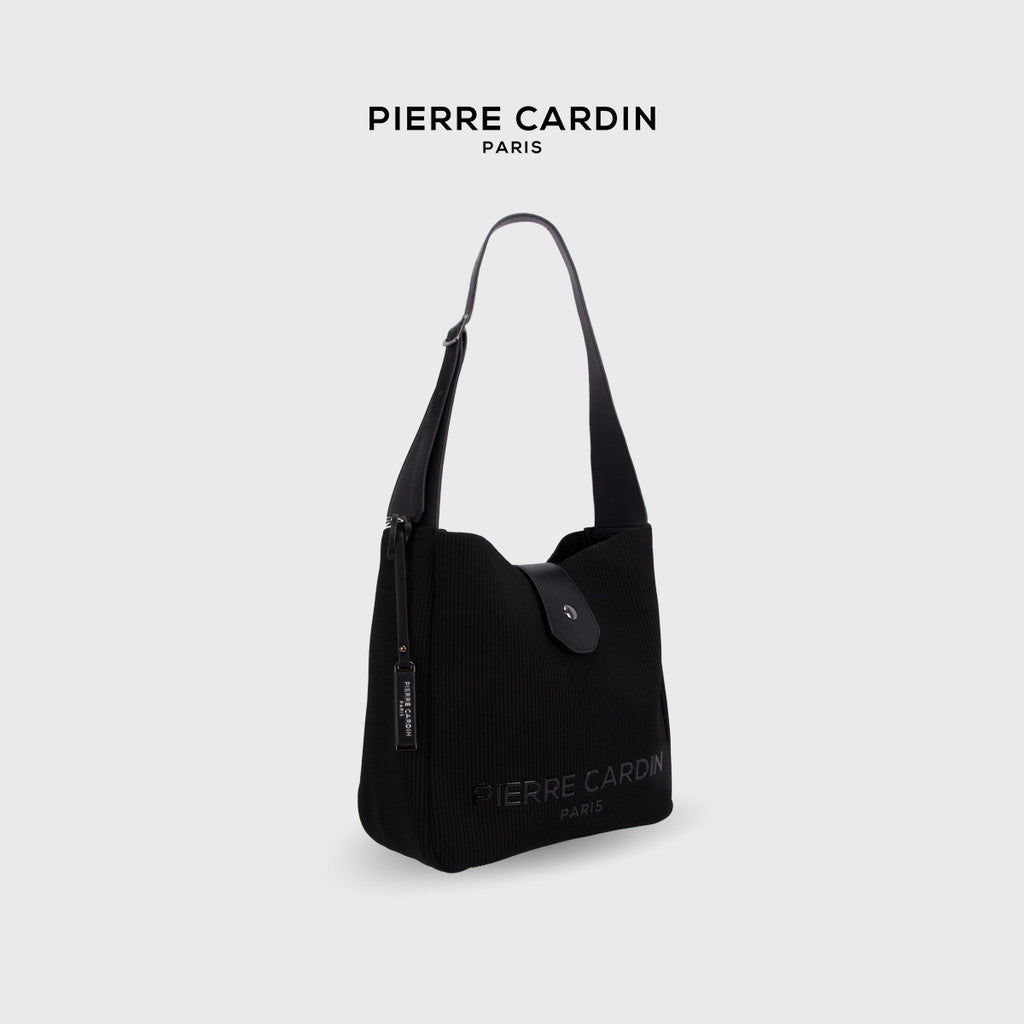 Pierre Cardin Ladies Pleated Fabric Bucket Bag with Magnetic Flap Snap Closure