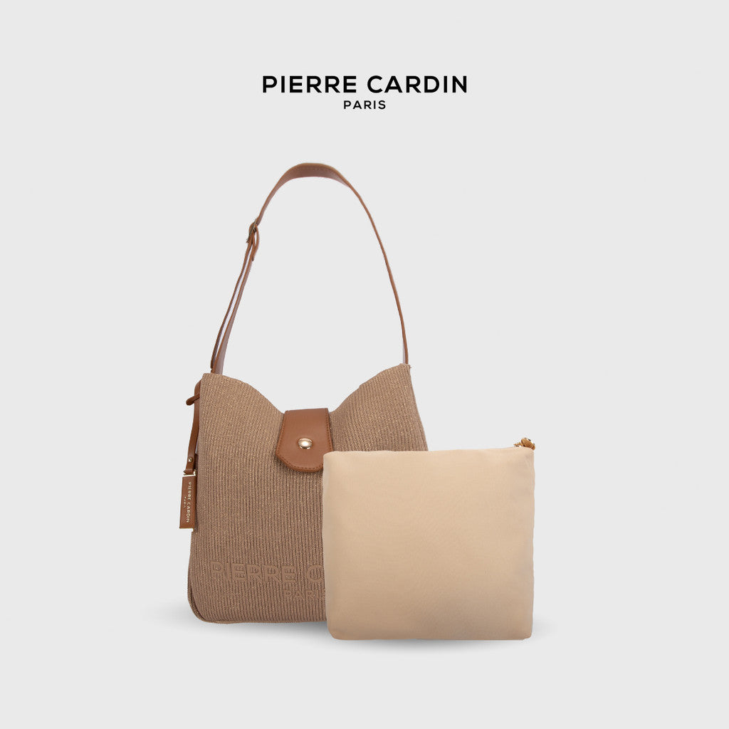 Pierre Cardin Ladies Pleated Fabric Bucket Bag with Magnetic Flap Snap Closure