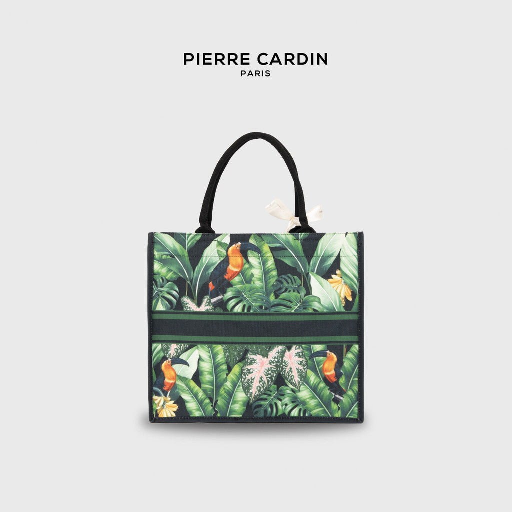 Pierre Cardin Exotic Leafy Black Canvas Tote Bag with Logo Ribbon