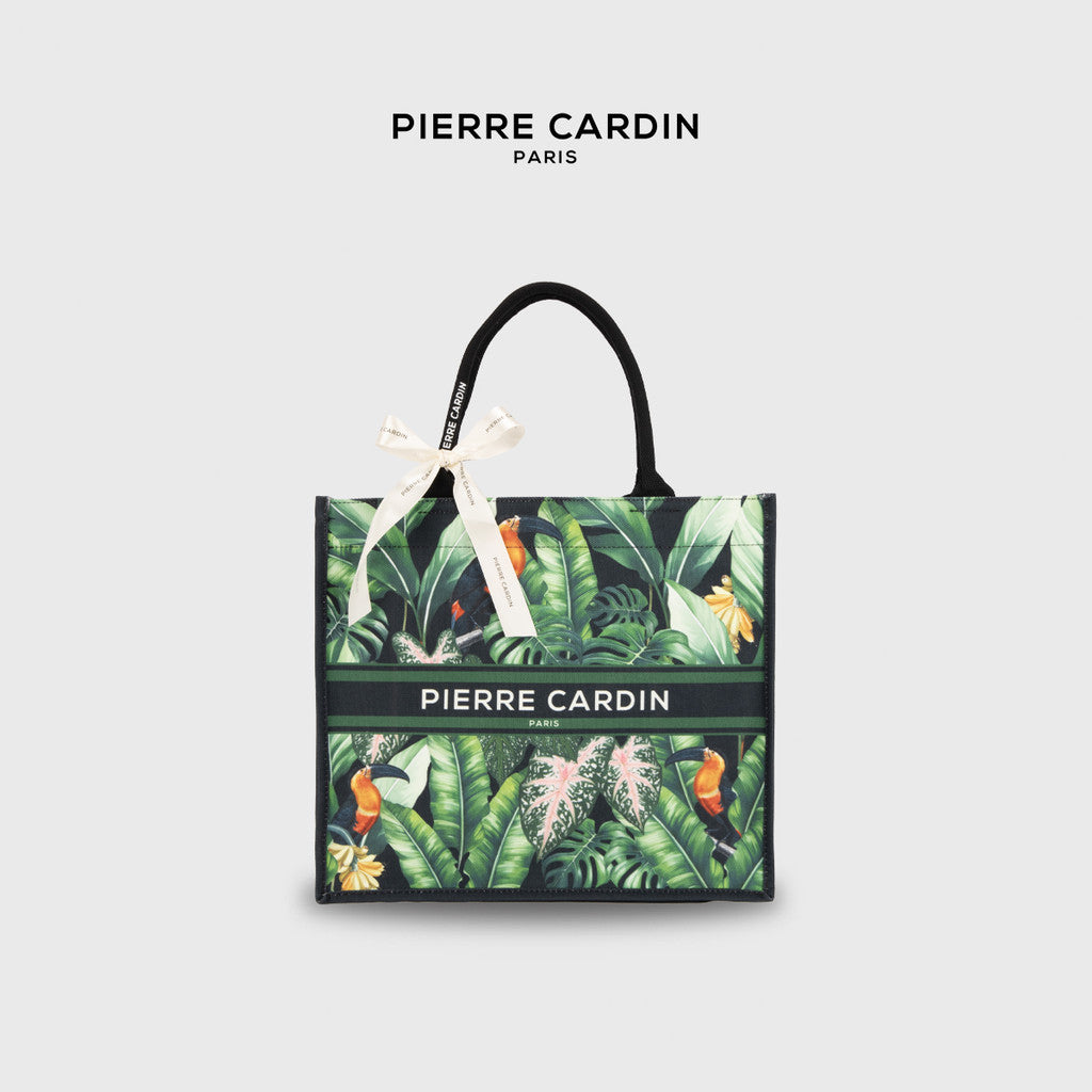 Pierre Cardin Exotic Leafy Black Canvas Tote Bag with Logo Ribbon