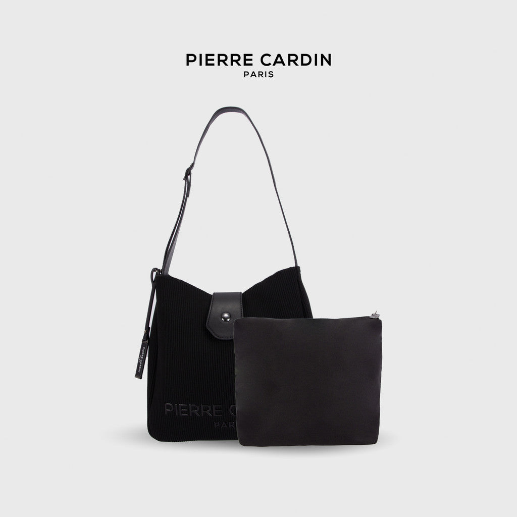 Pierre Cardin Ladies Pleated Fabric Bucket Bag with Magnetic Flap Snap Closure