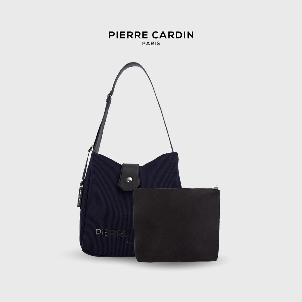 Pierre Cardin Ladies Pleated Fabric Bucket Bag with Magnetic Flap Snap Closure