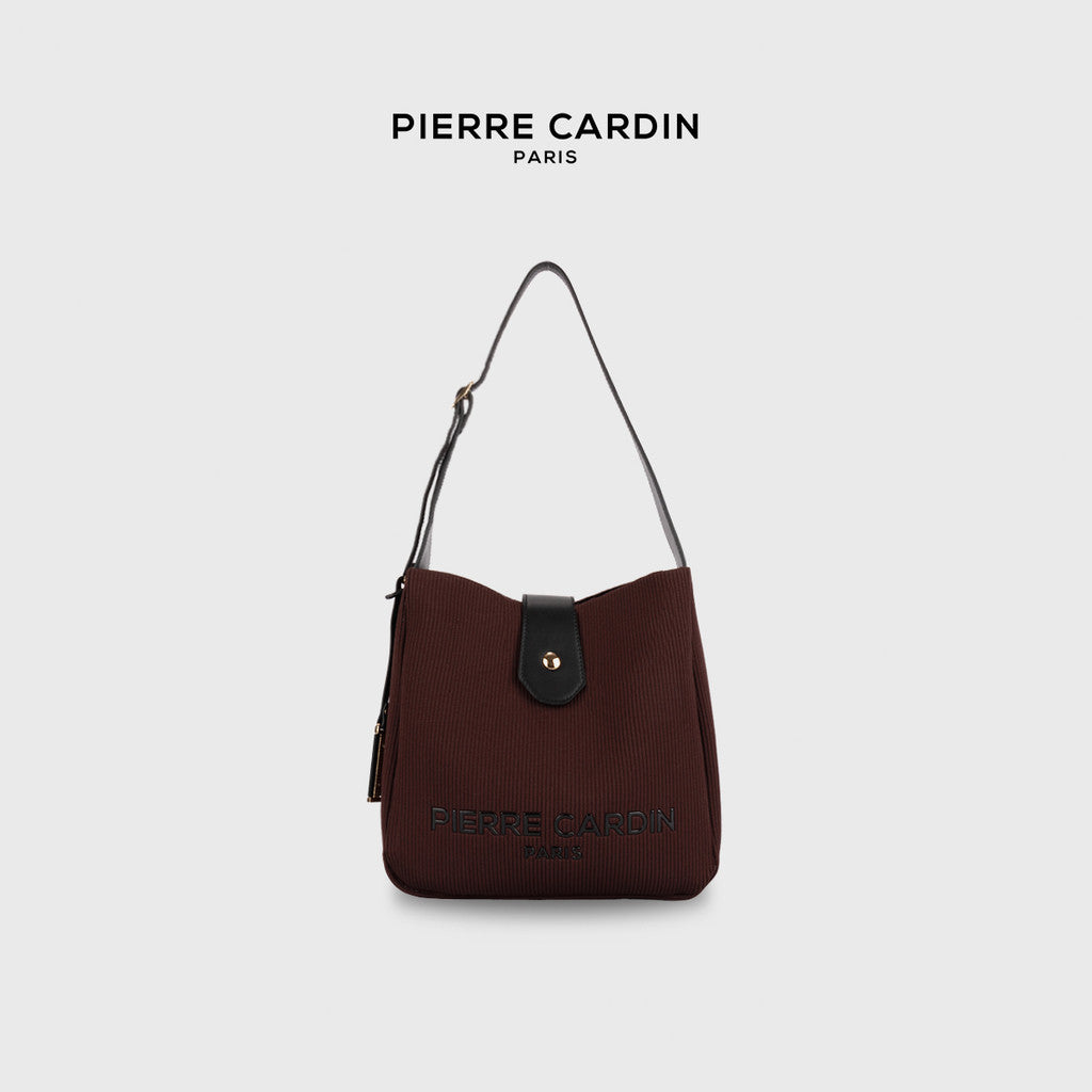 Pierre Cardin Ladies Pleated Fabric Bucket Bag with Magnetic Flap Snap Closure