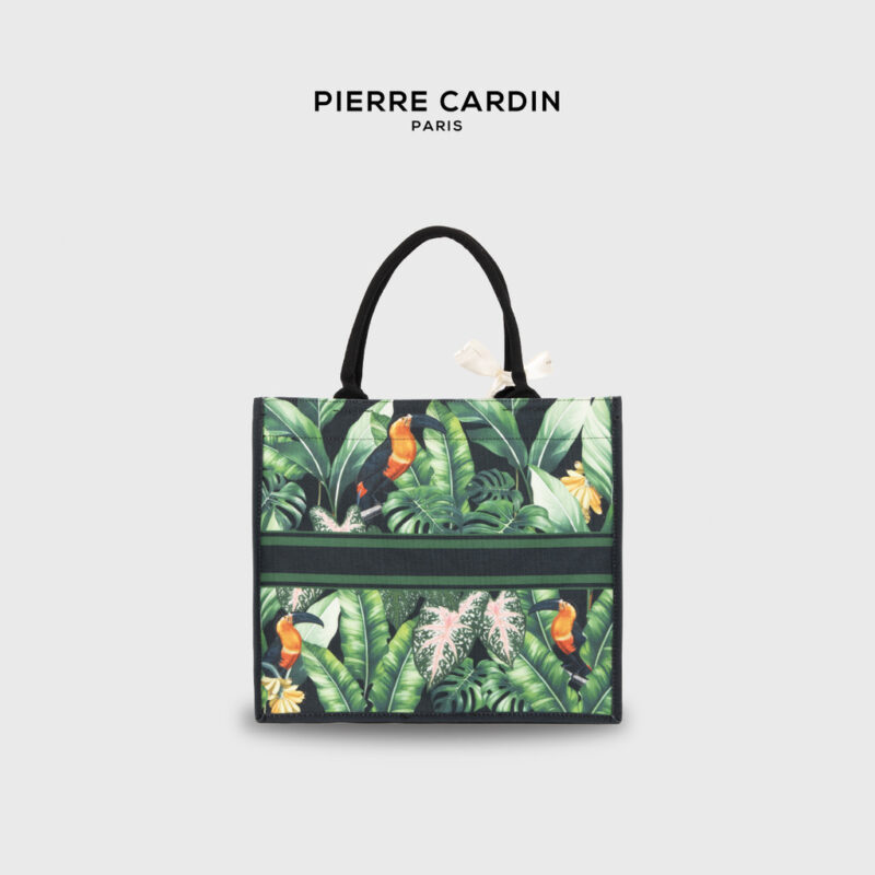 Pierre Cardin Exotic Leafy Black Canvas Tote Bag with Logo Ribbon - Image 4